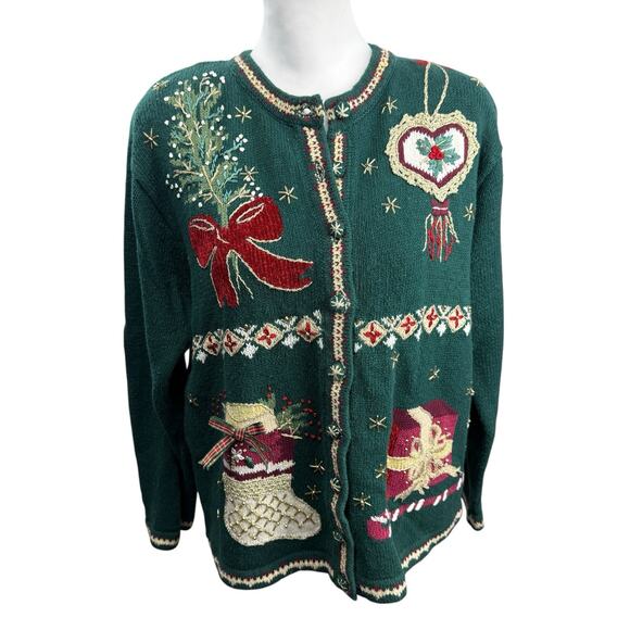 Heirloom Collectibles VTG Ugly Christmas Sweater Cardigan size Large - Picture 1 of 7